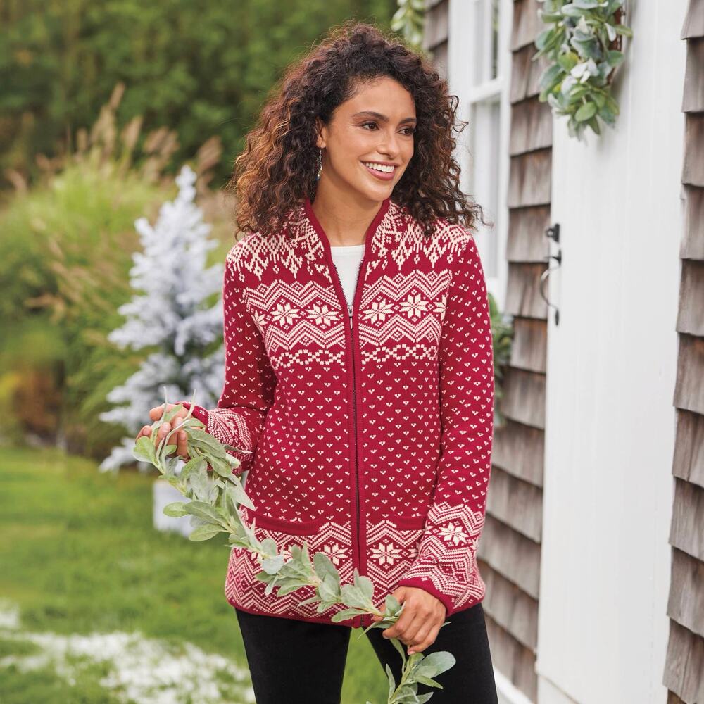 NorthStyle Red Nordic Fair Isle Zip Cardigan Sweater 100% Cotton Petite M